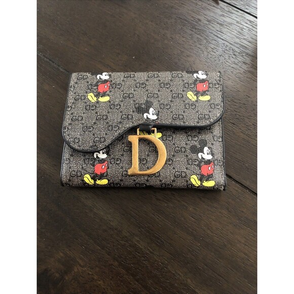 Mickey Mouse Ladies Girls Two Pocket Wallet Black Gray Approximately 3X5" New - Picture 1 of 2
